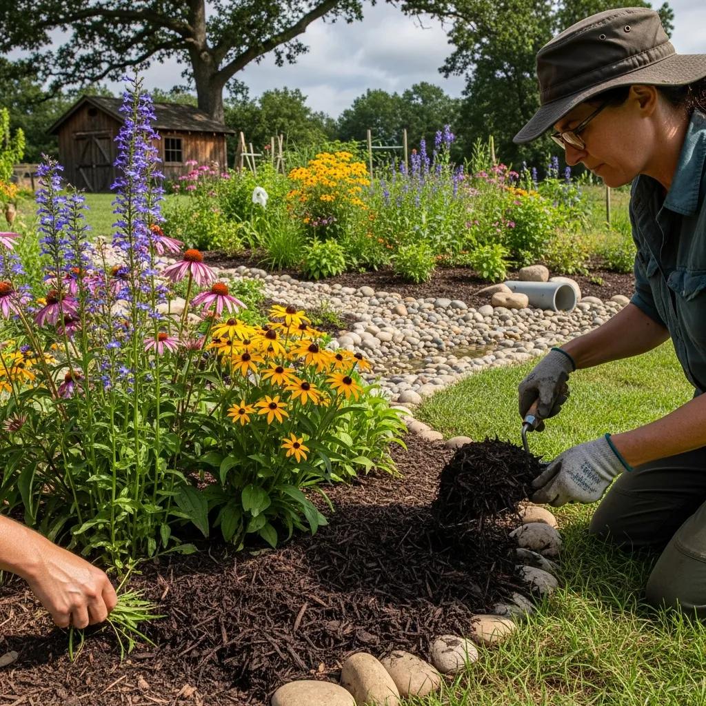 What Are Rain Gardens and How Do They Work? 4 Gardener maintaining a rain garden by weeding and mulching, showcasing essential care practices