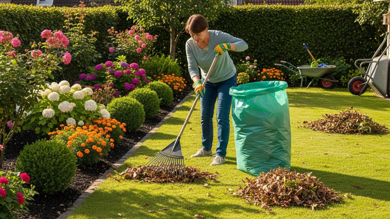 Homeowner cleaning yard to prevent pest infestations, surrounded by a vibrant garden