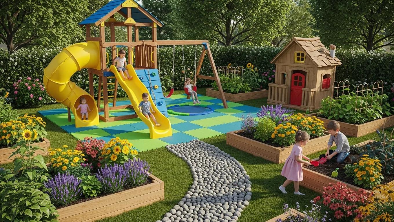 Kid-friendly backyard oasis with safe play area and family garden