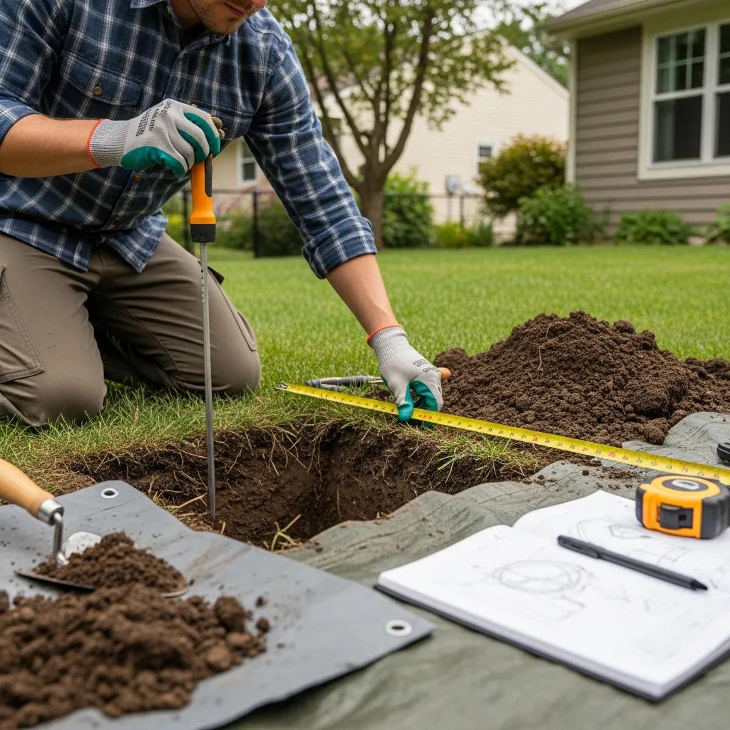 What Are Rain Gardens and How Do They Work? 1 Landscape professional assessing soil and drainage for rain garden installation, emphasizing site preparation
