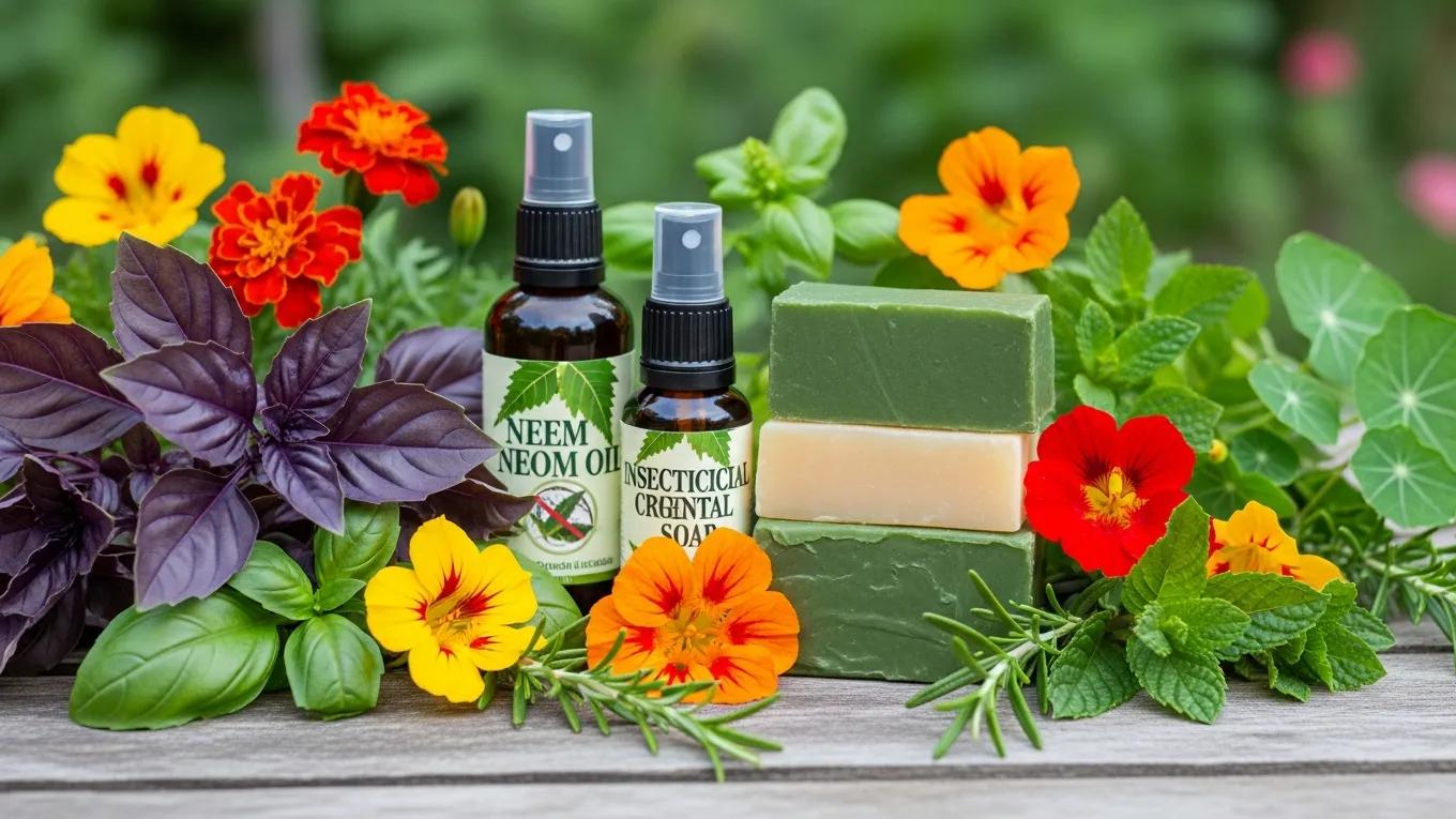 Natural pest control products on a garden table surrounded by fresh herbs and flowers