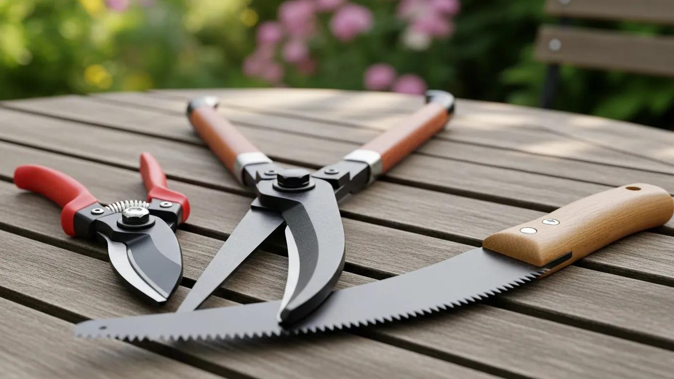 Pruning Guide for Healthier Trees and Shrubs 3 Essential pruning tools including shears, loppers, and saw on a garden table