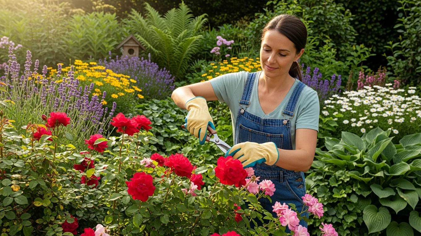 Gardener pruning a shrub in a vibrant garden, highlighting plant care techniques