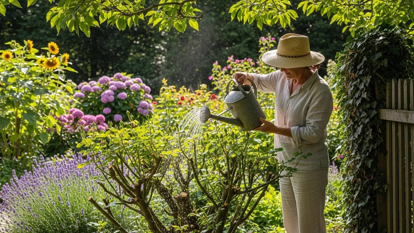 Pruning Guide for Healthier Trees and Shrubs 5 Gardener watering a freshly pruned shrub, emphasizing post-pruning care