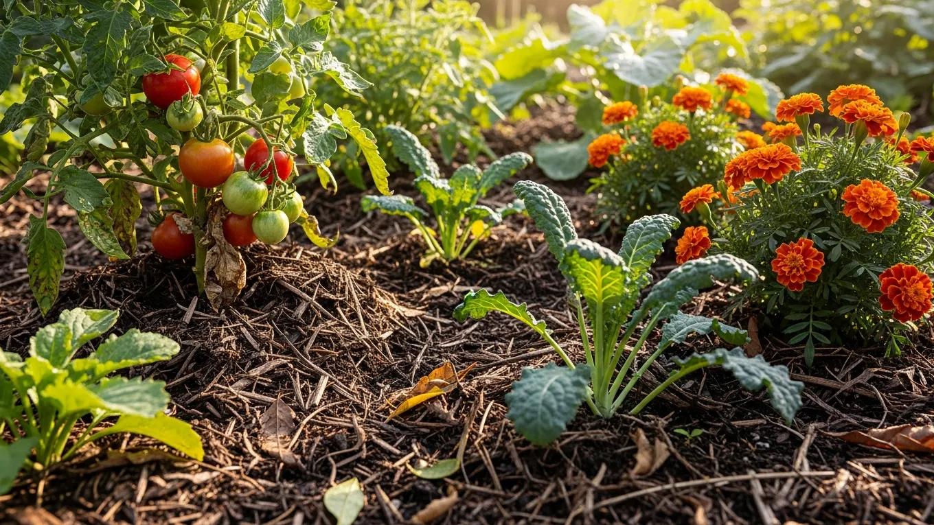 Mulching Guide Tips for Better Garden Soil and Stronger Plants 2 Vibrant garden with healthy plants and organic mulch illustrating the benefits of mulching