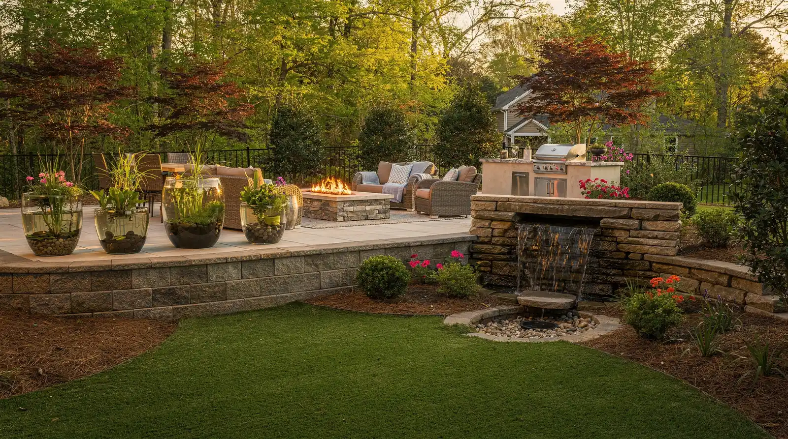 Pondless waterfalls work well in small yards, have no standing water, and require low maintenance