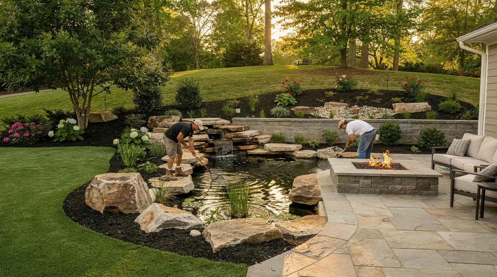Pond installation benefits from incorporating stone outcroppings and boulder edging to make water look like